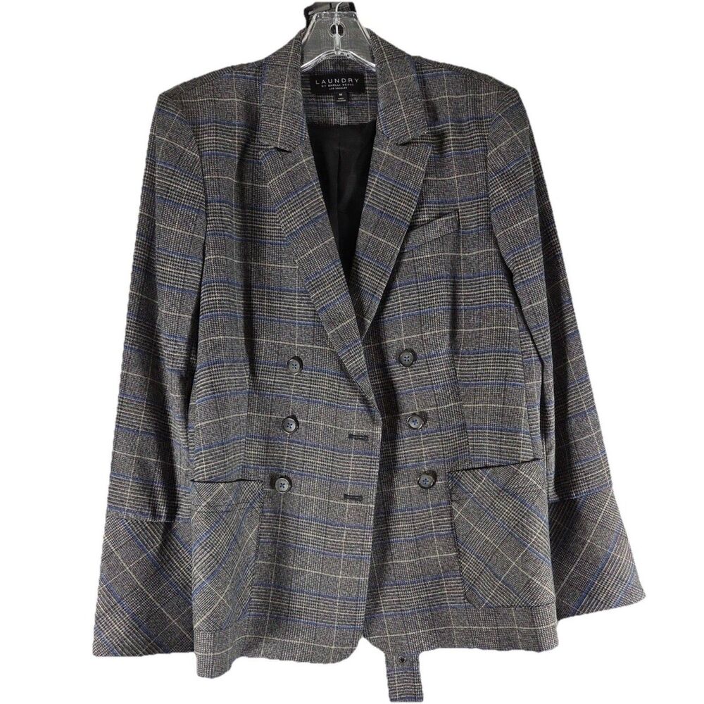 Laundry Shelli Segal Plaid Double Breasted Blazer Womens Sz M Gray Blue Medium